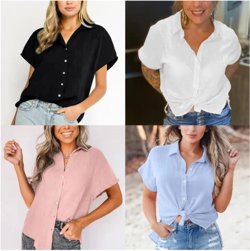 Vista 6 de Davenil Camisas con botones para mujer, blusas de manga corta con cuello casual de lino