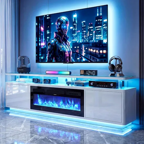 Vista 17 de oneinmil Soporte de TV con chimenea de 70 pulgadas para sala de estar, centro de entretenimiento con chimenea eléctrica con luces LED dobles