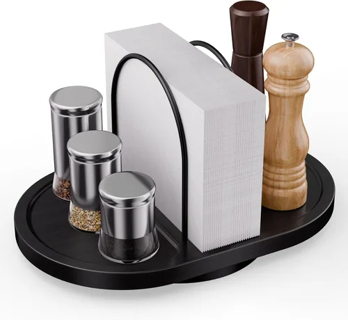 Vista 8 de Servilletero para mesa, dispensador giratorio con salero y pimentero, soporte de bambú, almacenamiento rústico de servilletas de metal para mesa