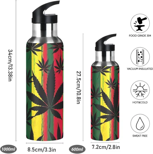 Vista 2 de BPA-Free Sports Water Bottle with Straw 20 Oz, Stainless Steel Water Bottle for Gym Outdoor Travel School, Black Leaves Colorful Stripes