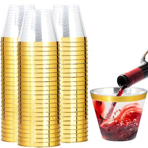 Vista 8 de I00000 100 vasos de plástico dorados, vasos de plástico transparente de 10 onzas con borde dorado, tazas de cerveza, taza dura desechable
