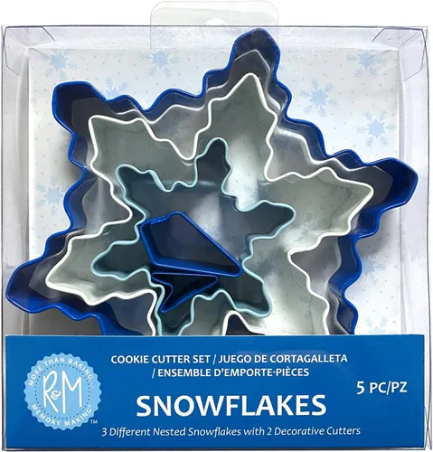 Vista 3 de R&M International Cortadores de galletas de copo de nieve, varios tamaños, juego de 7 piezas, azul