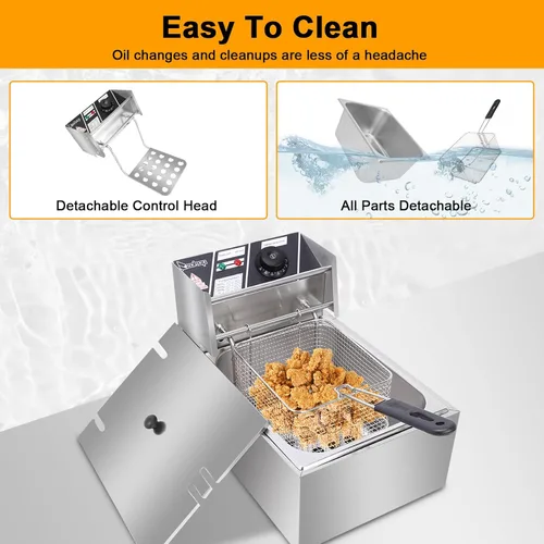 Vista 8 de Freidora comercial con canasta, 6.3QT/6L, desmontable de gran capacidad, de acero inoxidable, freidora de aceite eléctrica con control