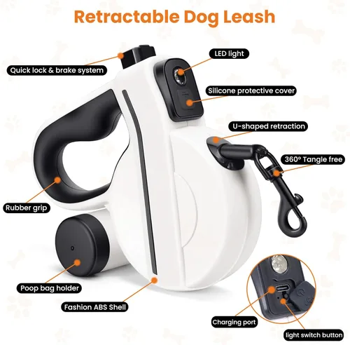 Vista 6 de Correa retráctil para perro con luz LED cargada por USB y cinta reflectante, correa flexible de 16 pies para perros grandes, correa para mascotas