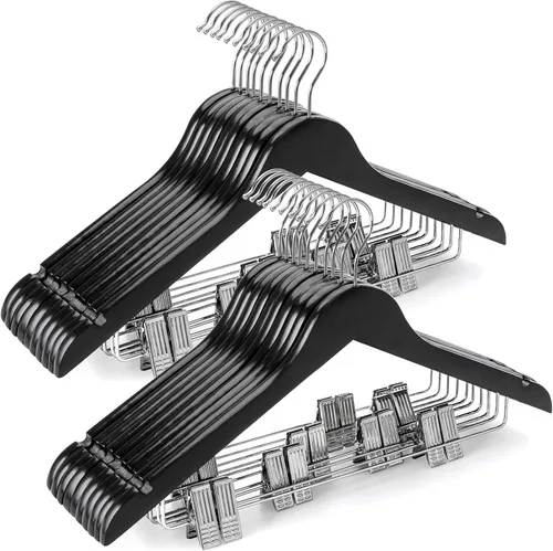 Vista 10 de TOPIA HANGER Perchas de madera para trajes con clips de metal ajustables (paquete de 10), perchas de ropa de madera maciza, gancho giratorio