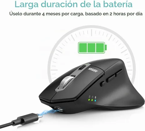 Vista 5 de Arteck Ratón Bluetooth inalámbrico multidispositivo con Nano USB-A, receptor USB-C ergonómico mano derecha, clic silencioso, mouse recargable