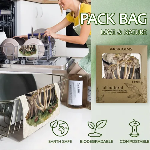 Vista 4 de Paños de cocina suecos para cocina, hongos, paños de esponja de celulosa, toallas de papel reutilizables que no rayan, sin olor, biodegradables