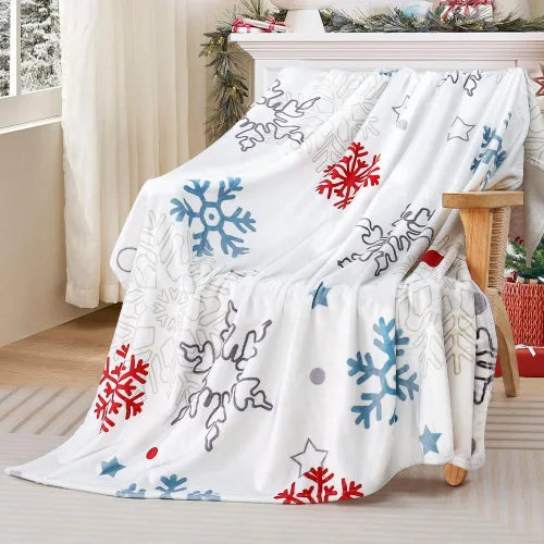 Vista 8 de Manta de Navidad con copos de nieve azul, manta de franela de forro polar súper suave, manta de invierno de felpa cálida, decoración navideña