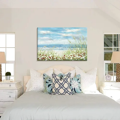 Vista 7 de UTOP-art Arte de Pared de Pintura Abstracta de Flores Silvestres: Flores en la Playa con Olas del Océano, Paisaje Marino, Obra de Arte en Lienzo