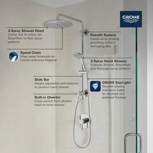 Vista 5 de GROHE 27867001 Retro-Fit Euphoria - Sistema de ducha de 25 pulgadas, 2.5 GPM, cromado Starlight