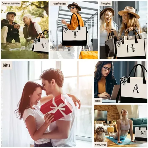 Vista 7 de AUNOOL Bolsa de playa con inicial con cremallera y bolsillos, regalos con monograma para mujeres, regalos personalizados para profesores, mamá