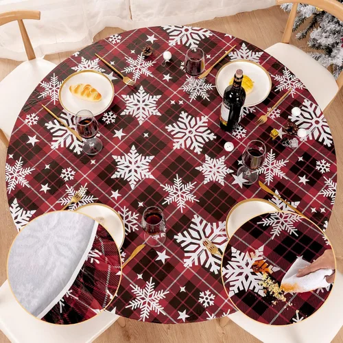 Vista 22 de UMINEUX - Mantel redondo de vinilo ajustable con bordes elásticos y reverso de franela, funda de mesa redonda impermeable, fácil de limpiar