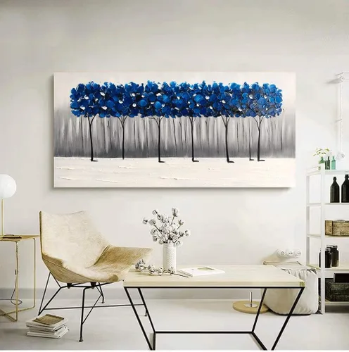 Vista 4 de Yihui Arts - Pintura al óleo de árbol azul pintado a mano en lienzo, paisaje moderno abstracto, obra de arte para pared, decoración para sala