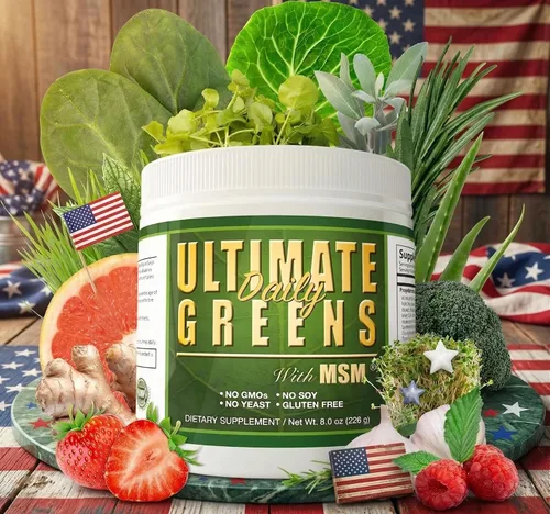 Vista 2 de Daily Health, Ultimate Greens con MSM en polvo, ingredientes naturales veganos sin gluten, soja, sin OMG, superalimento, bebida nutricional vegetal