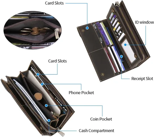 Vista 5 de Cartera de cuero de grano completo con bloqueo RFID para hombres con ranuras para tarjetas, bolsillo para monedas, ventana de identificación