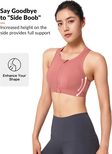 Vista 5 de Yvette Sujetadores deportivos de alto impacto para mujer, con cremallera frontal, brasier deportivo de talla grande para entrenamiento, fitness