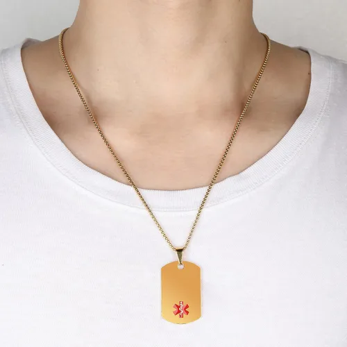 Vista 3 de Collar de alerta médica, etiqueta grabada con láser, grabado personalizado, etiqueta de identificación de acero inoxidable, colgante para hombres