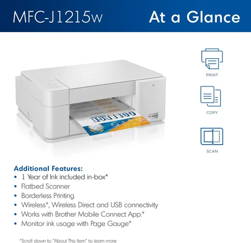 Vista 5 de Brother MFC-J1215W INKvestment Tank Impresora inalámbrica de inyección de tinta todo en uno a color para oficina en casa, impresión, copia, escaneo