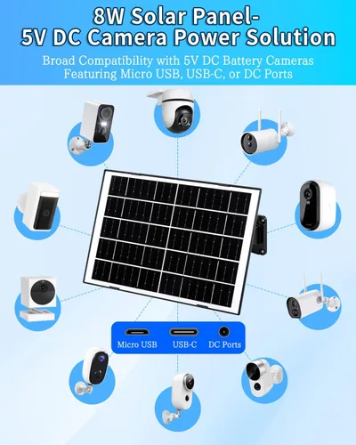 Vista 4 de Panel solar de 8 W para cámara de seguridad, cargador de panel solar con puertos USB-C/Micro/DC de 5 V de 0.138 in, cable de 9.8 pies y montaje