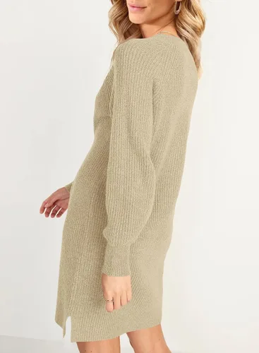 Vista 2 de MIROL Vestido de suéter con cuello en V y botones de manga larga, suéter de punto sólido, vestidos casuales