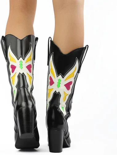 Vista 5 de Botas vaqueras bordadas estilo vaquero para mujer, botas de media pantorrilla, botas de tacón grueso