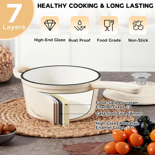 Vista 6 de Onader Sartén de hierro fundido esmaltado, cacerola pequeña de 1 cuarto de galón con tapa, olla de hierro fundido, horno holandés esmaltado, Blanco