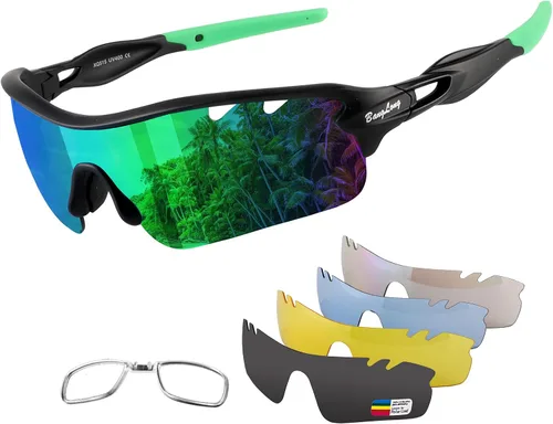 Vista 12 de BangLong Polarized UV400 Sports Sunglasses with 5 Lenses for Men Women TR90 Flexible Frame, 5 Interchangeable Lens with RX Insert, 0.9oz Sports