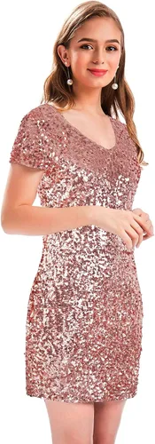 Vista 5 de MANER - Vestido de fiesta corto para mujer, diseño brillante con lentejuelas, escote en V, manga corta, sexy y entallado