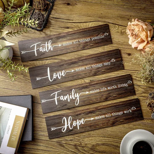 Vista 7 de 4 letreros de madera rústica con texto en inglés «Faith Love Hope», «Make All Things Possible», «Easy Work Living» para decoración de pared