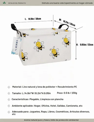 Vista 2 de Contenedor de almacenamiento rectangular de tela, cesta plegable de impresión de abeja