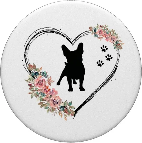 Vista 3 de Bulldog francés con huellas y flores en popSockets blancos intercambiables PopGrip