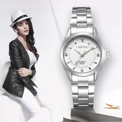 Vista 3 de Relojes analógicos de cuarzo plateado de acero inoxidable para mujer, reloj de vestir impermeable luminoso
