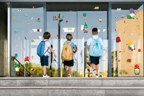 Vista 5 de 9 hojas de calcomanías de ventana de regreso a clases, libro de gnomos, autobús escolar, calcomanías de doble cara reutilizables estáticas ABC Apple