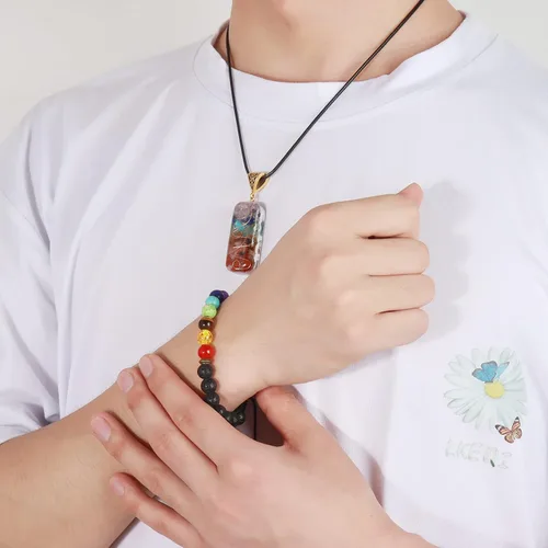 Vista 4 de Juego de 7 chakras para mujeres y hombres, cuentas de piedra de lava, pulsera de curación de yoga con piedras reales para la ansiedad y meditación