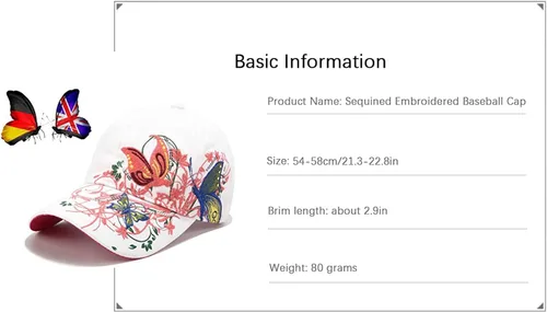 Vista 6 de Gorra de béisbol bordada con diseño de flores y lentejuelas de mariposa para mujer