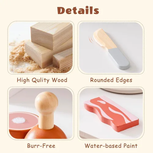 Vista 12 de ROBUD Juego de Comida de Madera para Jugar, Alimentos de Juguete para Cortar para Cocina de Simulación de Niños, Accesorios de Juguete de Cocina