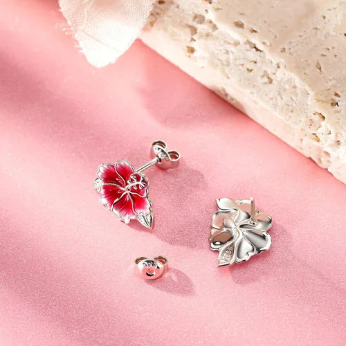 Vista 3 de Aretes de tuerca de hibisco de plata de ley 925, aretes de flor de hibisco, regalos para mujer