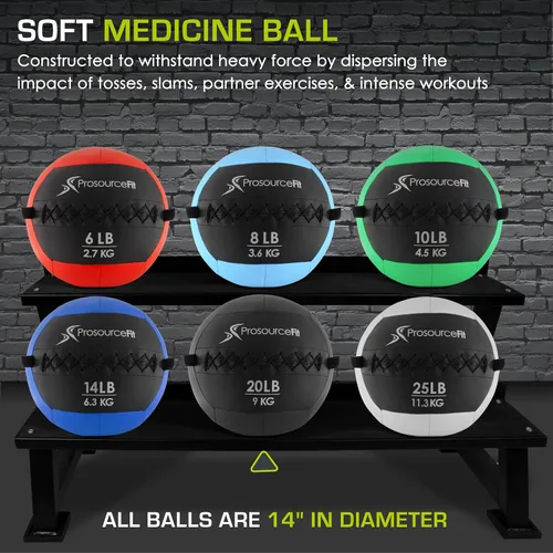 Vista 2 de ProsourceFit Bolas medicinales blandas, bolas de pared y ejercicios dinámicos de cuerpo completo, pesos codificados por colores: 6, 10, 14, 20 Lb.