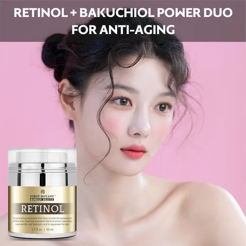 Vista 2 de First Botany Crema facial hidratante con retinol coreano, crema facial y cervical hidratante antienvejecimiento con bakuchiol, niacinamida y ácido