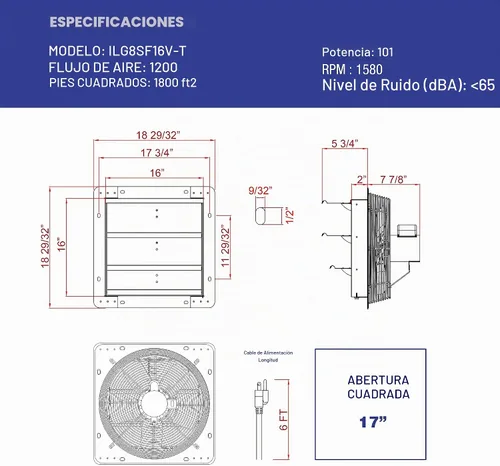 Vista 2 de Iliving ILG8SF16V-T Ventilador Extractor de Pared con Persiana, 16" - Velocidad Variable, Plateado