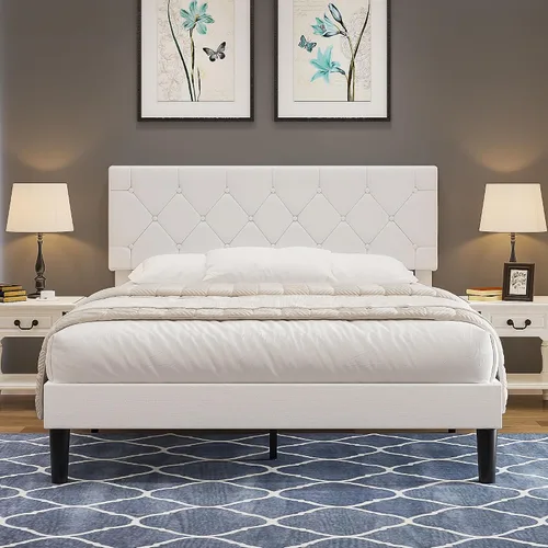 Vista 9 de VECELO Base de cama tamaño completo con cabecera capitoné con botones, plataforma tapizada con soporte de listones de madera, no necesita somier