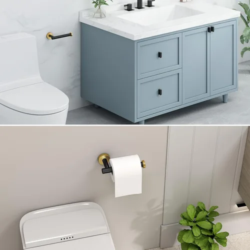 Vista 2 de Soporte de papel higiénico negro y dorado, colgador de papel higiénico de acero inoxidable para baño, dispensador de rollos de papel de tocador