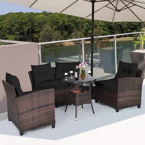 Vista 4 de Tangkula - Juego de muebles de patio de 4 piezas en forma de C de mimbre para exteriores, con cojines y mesa de centro con cubierta de cristal