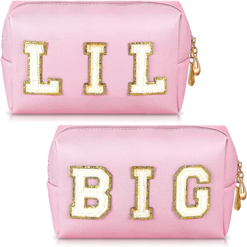 Vista 8 de Hillban 2 piezas Big Little Sorority Gifts Preppy Bolsa de cosméticos de piel sintética con parche de letras, bolsa de maquillaje portátil con bolsa