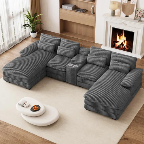 Vista 18 de Sofá modular en forma de U de 132 pulgadas, sofá modular para sala de estar, sofá moderno de pana de felpa de gran tamaño con consola central Negro