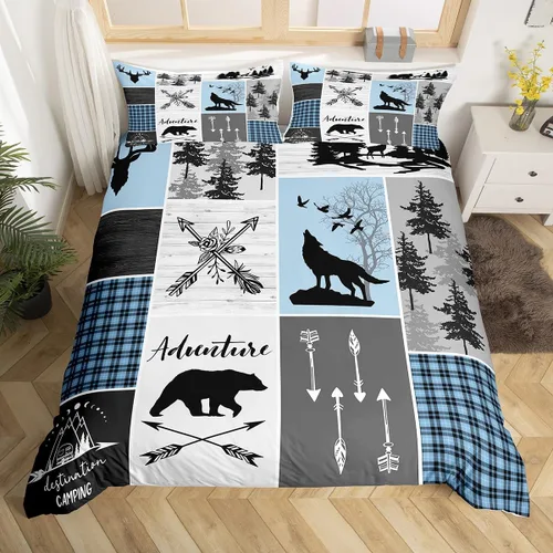 Vista 38 de Juego de funda de edredón para niños de ciervo, oso, lobo, tamaño individual, juego de ropa de cama de cabaña de aventura para niños, niñas