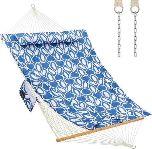 Vista 9 de CHULIM Hamaca doble para exterior con barras separadoras de madera dura, hamaca grande de cuerda con almohada de poliéster y cojín, capacidad de 475