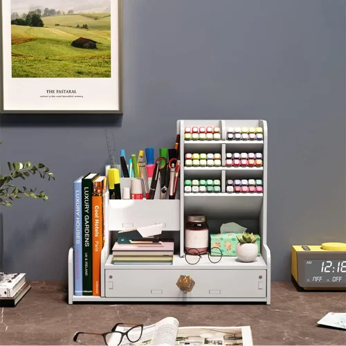 Vista 2 de Hggzeg Organizador de escritorio para bolígrafos, organizador de papelería con cajones y 2 soportes para archivos, almacenamiento de suministros