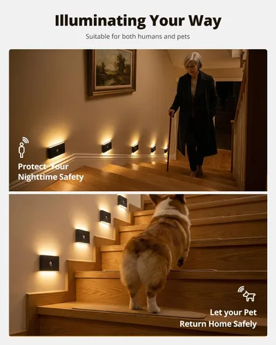 Vista 7 de wowatt Luz de escalera recargable con sensor de movimiento, luces nocturnas negras con montaje magnético, luces de escalón regulables