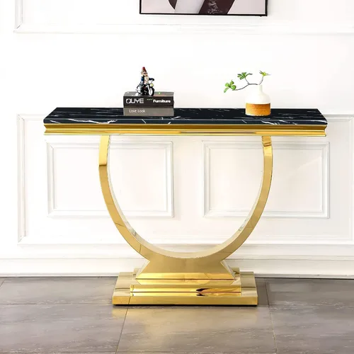 Vista 17 de Mesa de centro de 47 pulgadas de mármol negro con base en forma de U de acero inoxidable espejado, mesa central de parte superior rectangular